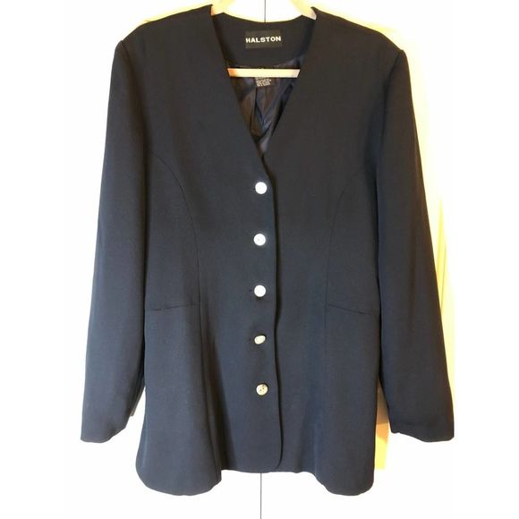 HALSTON Womens Navy Mother of Pearl Button Down Blazer Size 10 - Picture 2 of 10